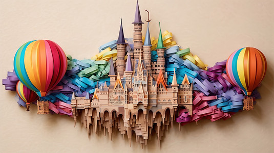 剪纸热气球彩色城堡剪纸插画
