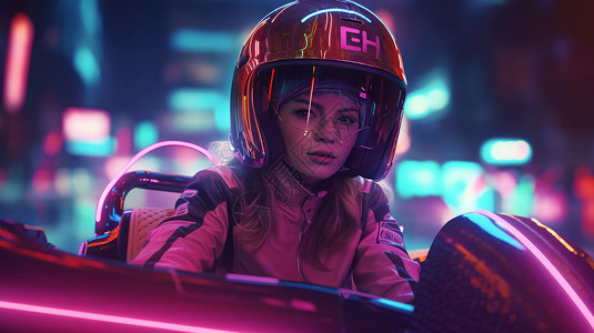 游乐园卡丁车酷酷的女赛车手戴着头盔坐在赛车里插画