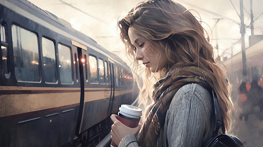 拿着咖啡等地铁的女人背景图片