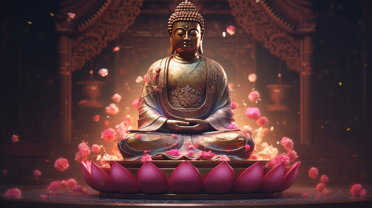 佛祖发光坐在超大莲花中的佛祖雕像插画