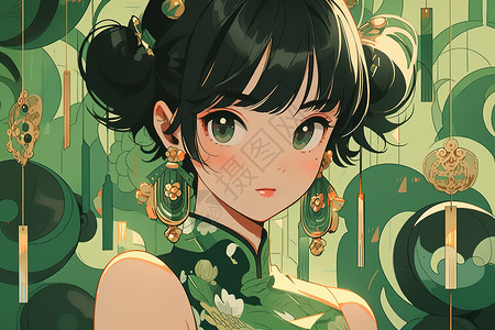 绿色系中式旗袍夏日多巴胺色彩双丸子头女孩插画