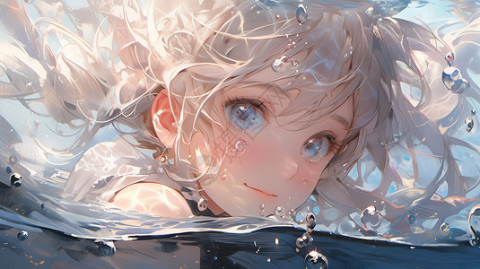 微笑的大眼睛卡通女孩在水中游泳头部特写图片
