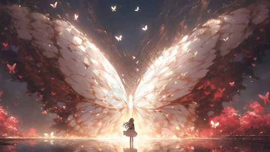 巨大的梦幻卡通蝴蝶下一个小小卡通女孩图片