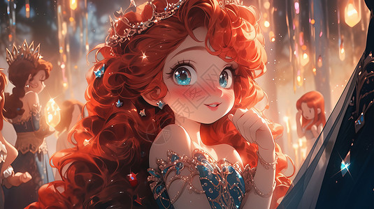 红色宴会穿华丽公主裙参加宴会的红色长发卡通小公主插画