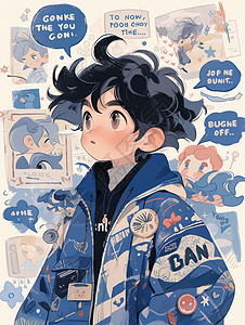 动漫框蓝色外套的多巴胺男孩卡通插画插画