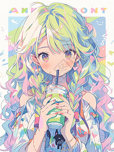 小清新夏日女孩喝着奶茶多巴胺背景图片