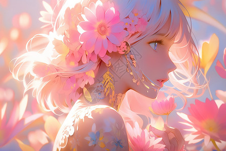 粉色花朵浪漫迷人的女孩夏日多巴胺背景图片