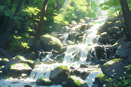 热带雨林的瀑布夏日森林卡通背景图片