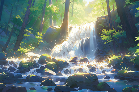 热带雨林瀑布夏日森林卡通插画背景图片