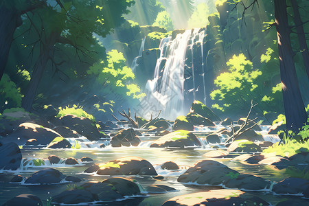 夏日热带雨林的瀑布森林卡通插画背景图片