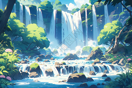 夏日森林里壮观的瀑布自然风景插画背景图片