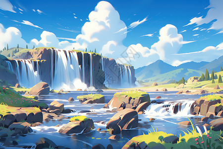 夏日清凉卡通壮观瀑布流水插画图片