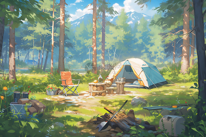 森林露营帐篷卡通插画图片