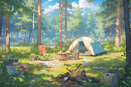 森林露营帐篷卡通插画背景图片