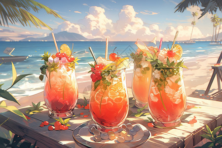 鸡尾酒桌海边夏日缤纷的水果汁饮料插画