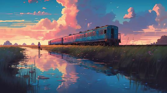 奔跑的列车晚霞中奔跑的火车插画