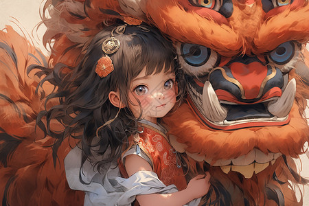 中国风舞狮与小女孩中国风背景图片
