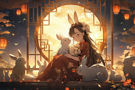 可爱的小仙女和兔子中秋插画图片