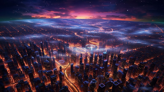 科技城市夜景傍晚云雾缭绕的卡通城市夜景鸟瞰图插画