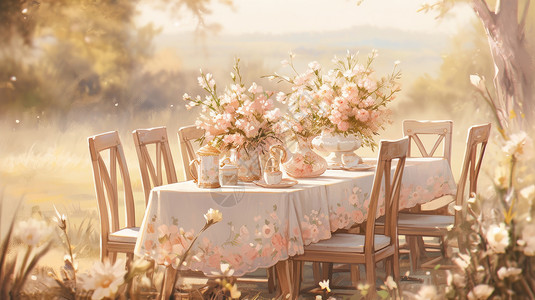 在野外桌子上放满鲜花小清新风景背景图片
