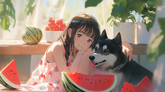 女孩和小狗吃西瓜图片