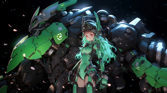 机械与花素材穿绿色机甲战服的可爱卡通女孩与巨大机器人插画