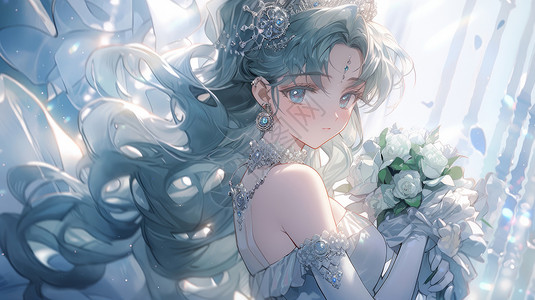 蓝色婚纱女孩二次元长发漂亮的小公主插画
