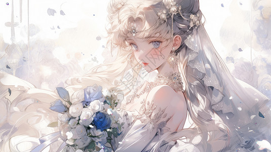 雾霾蓝婚礼手捧花朵的漂亮长发卡通公主插画