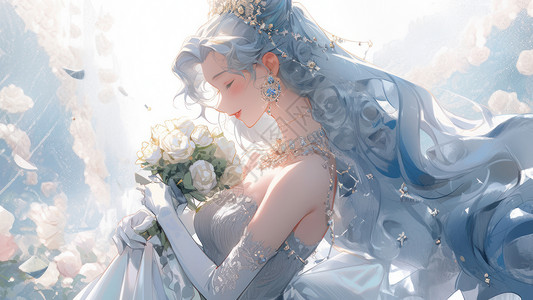 新娘婚纱女孩穿着公主裙的长发二次元公主插画