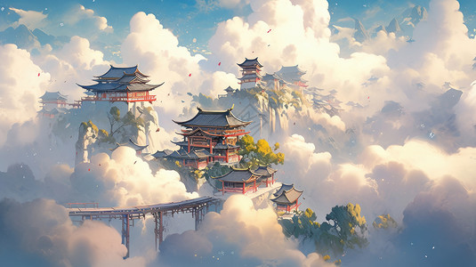 天空之城素材云中高山顶上的古风卡通建筑插画