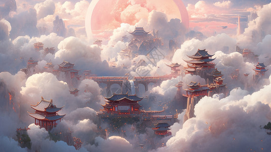 城市概念图被云朵包围的梦幻卡通古风城市插画