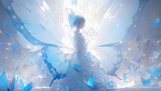 中间的蓝色超大蝴蝶翅膀穿公主裙的卡通女孩与蓝色蝴蝶插画
