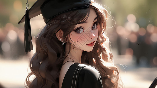 漂亮学士帽漂亮的黑色长卷发卡通女孩穿学士服毕业插画
