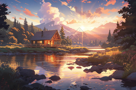 古老的松树森林小屋美丽的日落插画图片