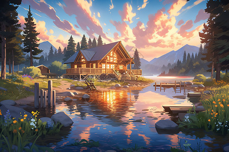 森林小屋美丽的日落插画图片