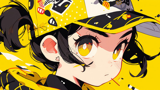 大眼睛戴涂鸦鸭舌帽的黄色调卡通二次元女孩图片