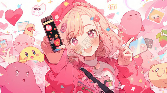 手机炫酷拿着手机穿粉色衣服开心的多巴胺卡通女孩插画