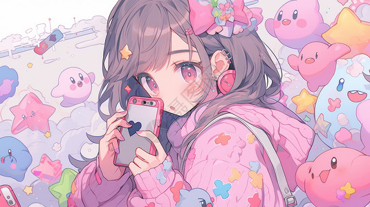 拿着粉色手机穿粉色卫衣头戴花朵的可爱卡通女孩高清图片