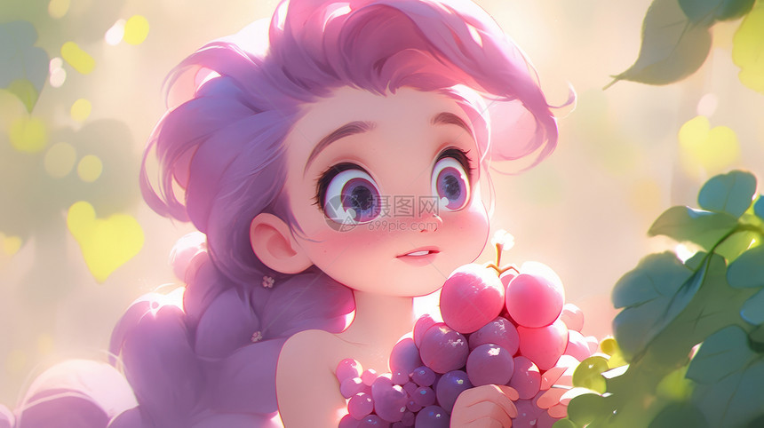 可爱的紫色长发卡通小公主抱着诱人的葡萄图片