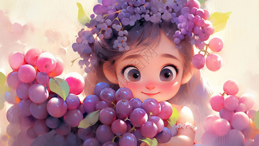 抱着超大葡萄的可爱卡通小公主满头紫色小葡萄背景图片