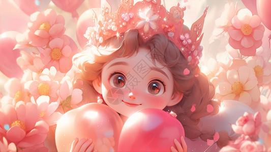 卡通皇冠气球戴粉色皇冠被粉色花朵包围的大眼睛可爱卡通小公主插画
