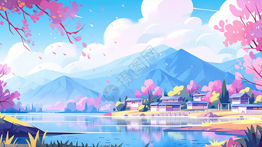 千树万树梨花开开粉色花朵的树与美丽的湖边村庄卡通风景插画