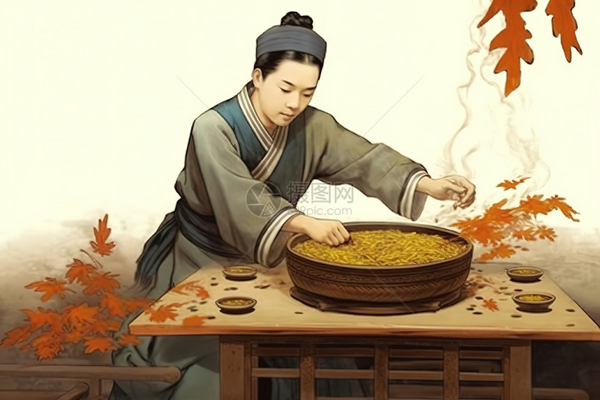 中国古代青年炉子前煎草药图片