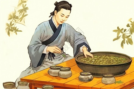中国古代在炉子前煎草药图片