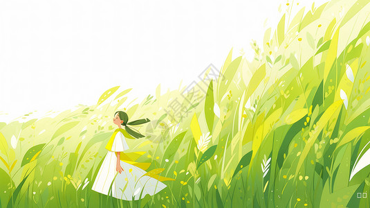 穿白色长裙的卡通女孩站在高高的草丛前背景图片