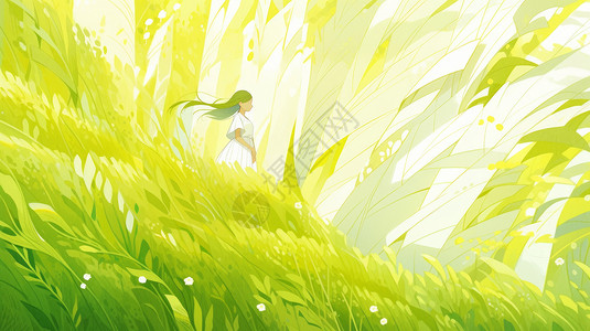 嫩绿茂盛的草丛中一个长发飘飘的卡通小女孩站在风中插画