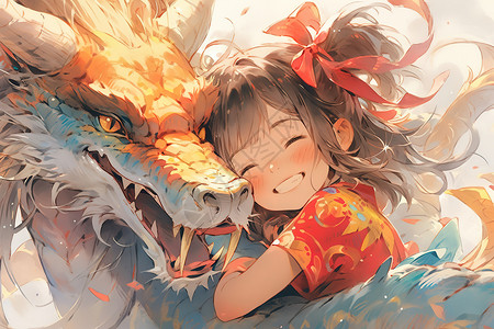 可爱小女孩开心的拥抱中国龙背景图片