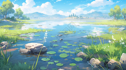 小山川美丽的夏日野外山川河流卡通风景插画