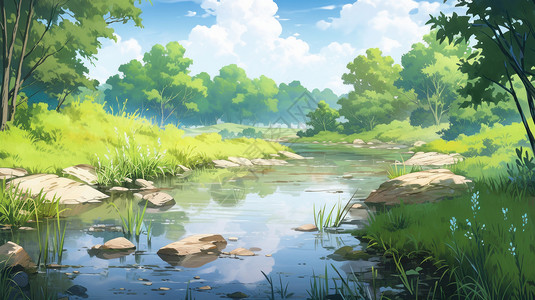 清澈的小河与岸边树木美丽的野外卡通风景图片