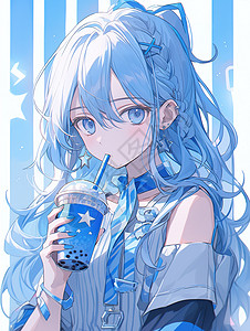 冰蓝清凉夏日女孩喝着奶茶背景图片